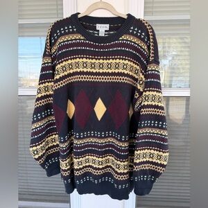 Vintage Izod 90s knit crewneck sweater featuring striped and argyle patterns
